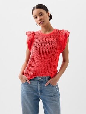 Gap Crochet Flutter Sleeve Coral Scalloped Sweater Tank Small